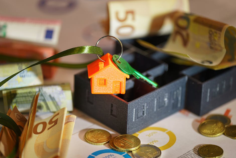 Close-up image of a small orange plastic house-shaped keychain attached to a green key, resting on a black foam house-shaped container filled with various euro banknotes and coins, including 50 euro notes and smaller denomination coins. The scene is set on a flat surface with additional euro currency notes scattered around, indicating financial considerations related to home relocation or moving processes. In the background, there are more banknotes and blurred items, suggesting an arrangement of packing and financial planning for house removals. The setting is well-lit, emphasizing the details of the currency and packaging materials, and the overall composition reflects the logistics and organization involved in a professional removals service such as those provided by Uxbridge Man and Van. This visual aligns with the theme of packing, transport, and arrangements during house removals.